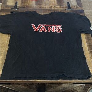 Vans Black Tee with Red Checkerboard Logo Across Chest